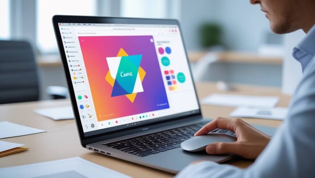 A laptop screen displaying the Canva design interface, a hand using a mouse to move a graphic element on the screen, simple office environment background, clear focus on the screen and the action.