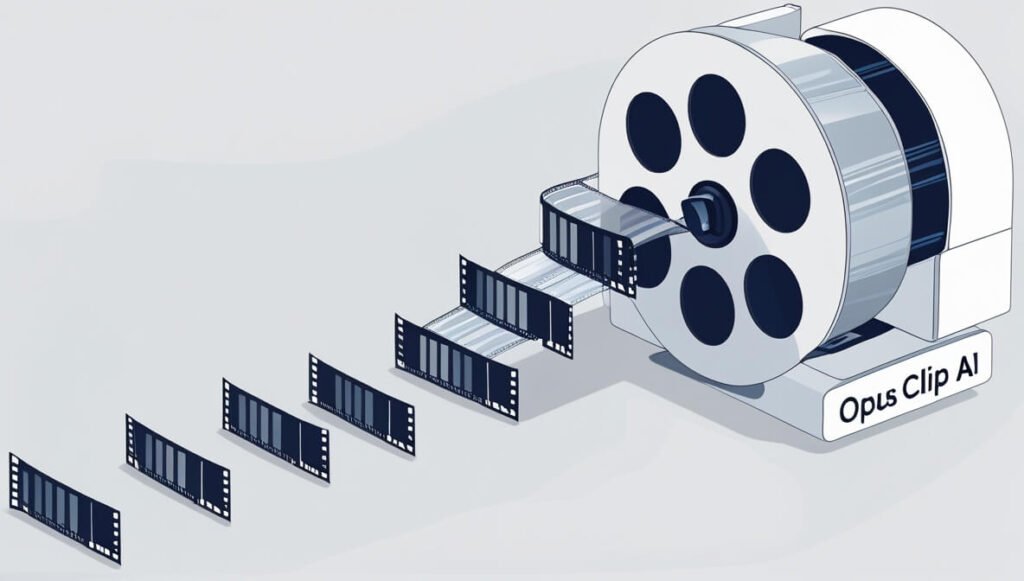 A visual metaphor showing the Opus Clip AI tool automatically transforming a long video into multiple short, ready-to-share clips, illustrating how it saves time and effort in video summarization
