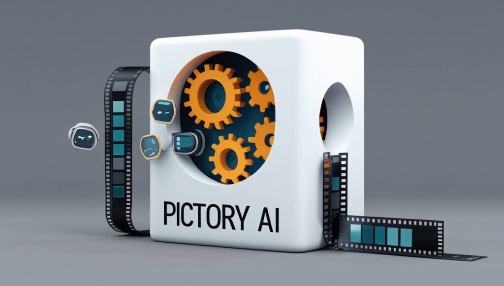 Representation of Pictory AI transforms text content into video symbolized with gears and display