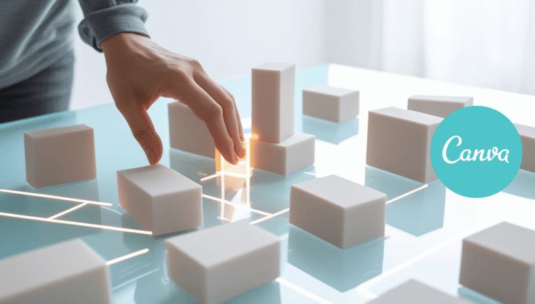 Visual metaphor showing how Canva AI makes graphic design easy for beginners by guiding the arrangement of elements