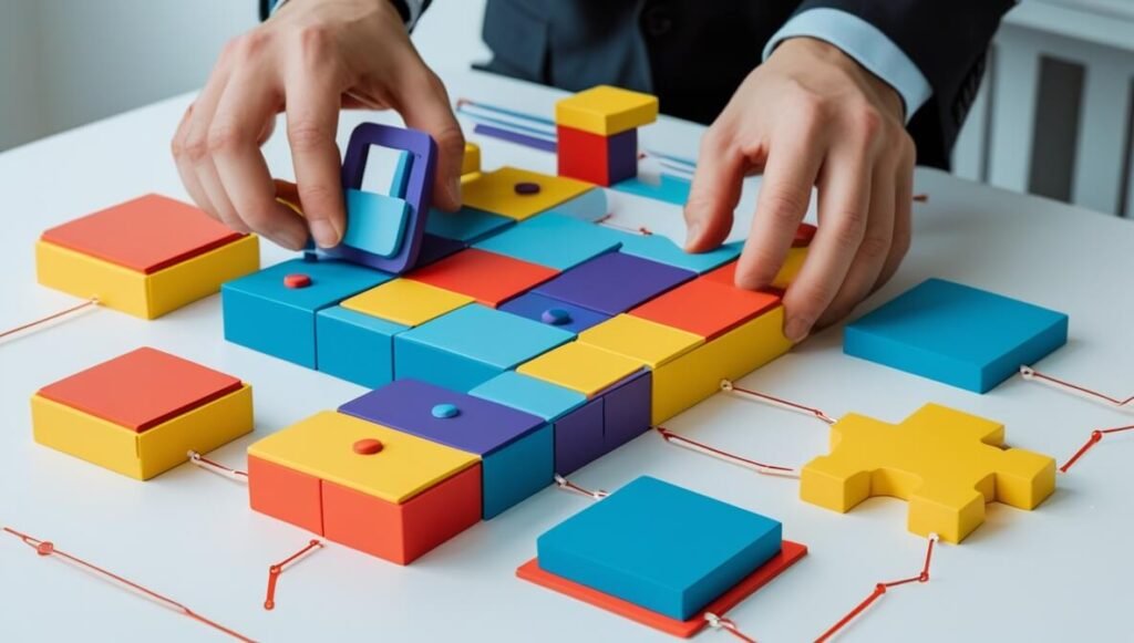 Visual representation of building a complex web application by visually connecting components like interface elements, database structures, and logic workflows, demonstrating how Bubble allows creating apps without writing traditional code.