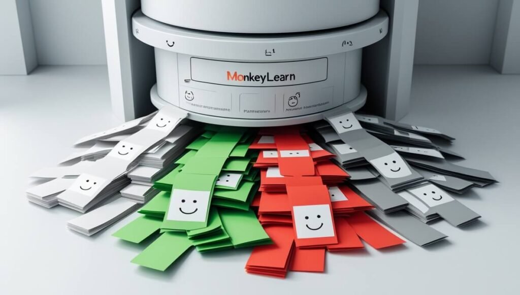 A visual representation of MonkeyLearn AI analysing customer text feedback for sentiment, automatically categorizing it as positive, negative, or neutral to help businesses understand customer emotions in support interactions.