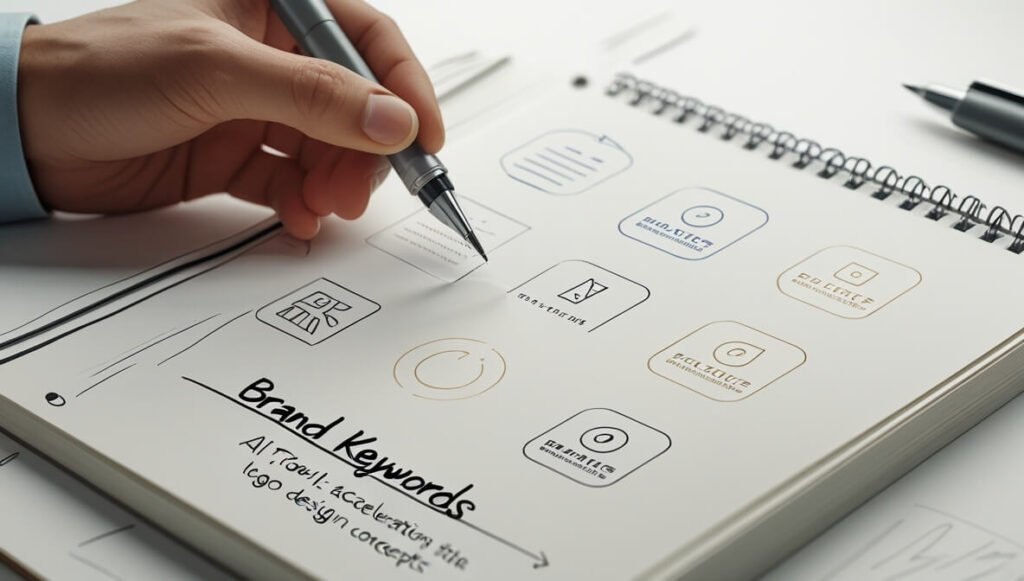 Visual representation of the Canva Logo Generator AI tool assisting logo design, showing refined logo concepts appearing instantly from a designer's physical sketchbook input based on keywords.