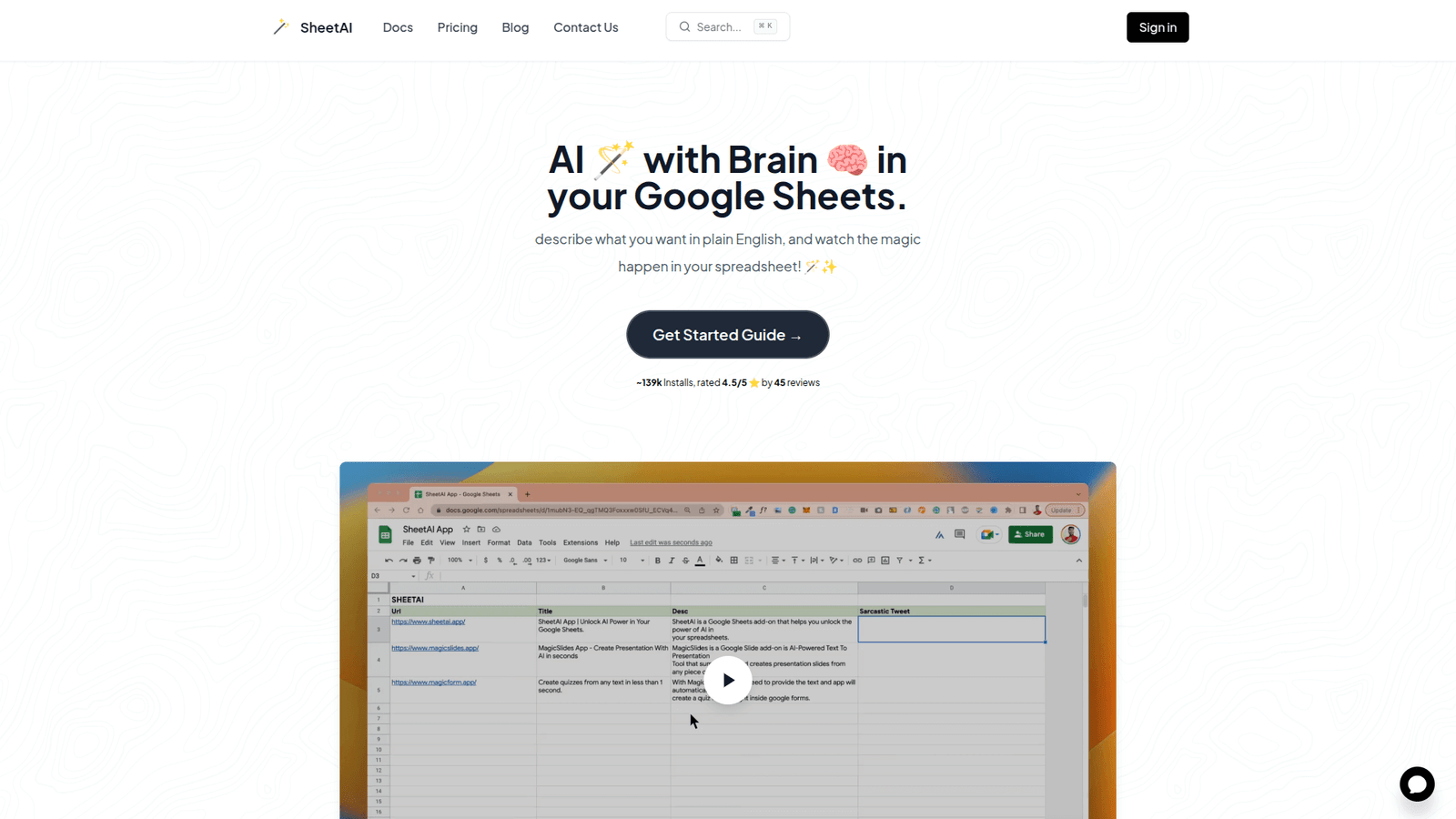 SheetAI as Excel and Google Sheets tool screenshot