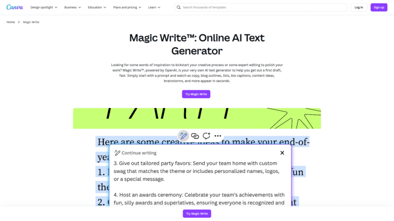 Canva Magic Write as Social Media Post Generation tool screenshot