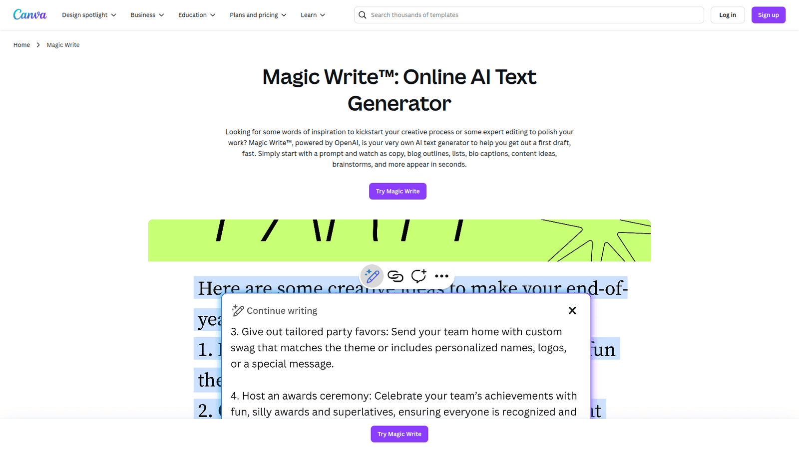 Canva Magic Write as Social Media Post Generation tool screenshot
