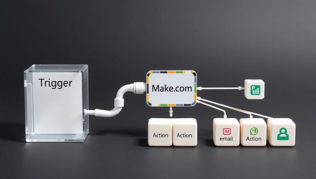 Make.com automates trigger-based workflows, connecting apps to perform a sequence of actions automatically when a specified event occurs.