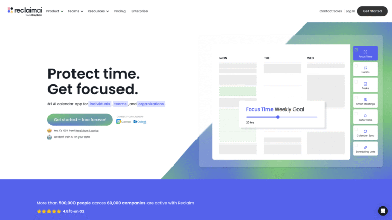 Reclaim.ai as Calendar and Meeting Automation tool screenshot