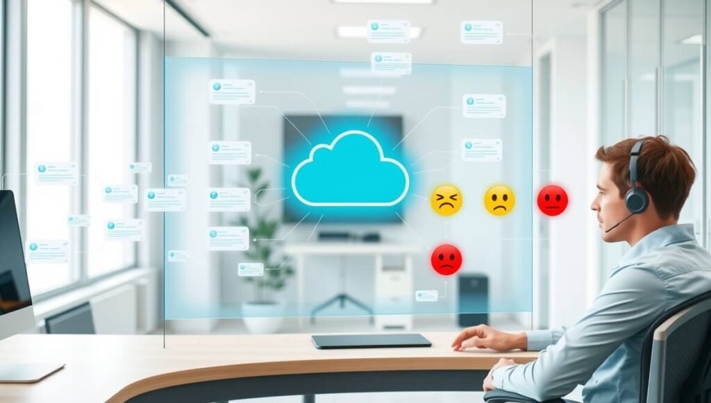 MeaningCloud is depicted as a central processing unit that analyzes customer interactions (emails, chats) and instantly categorizes their sentiment (positive, neutral, negative), enabling customer support teams to prioritize and respond effectively based on emotional tone.