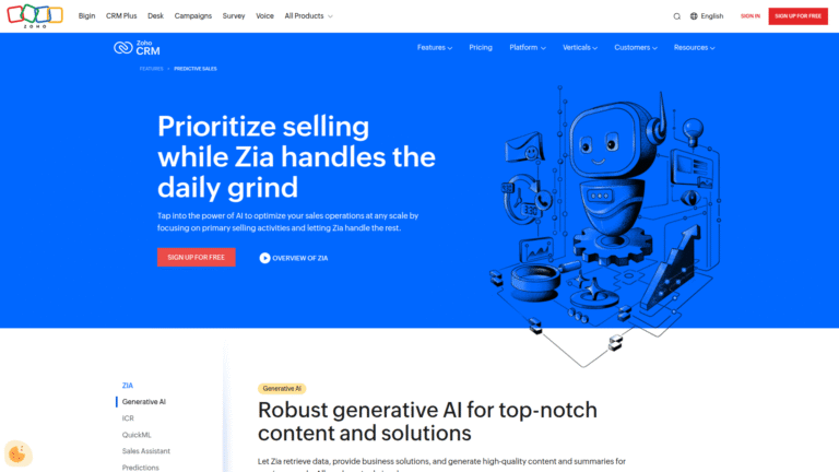 Zoho CRM Zia as CRM Integrated AI Support tool screenshot