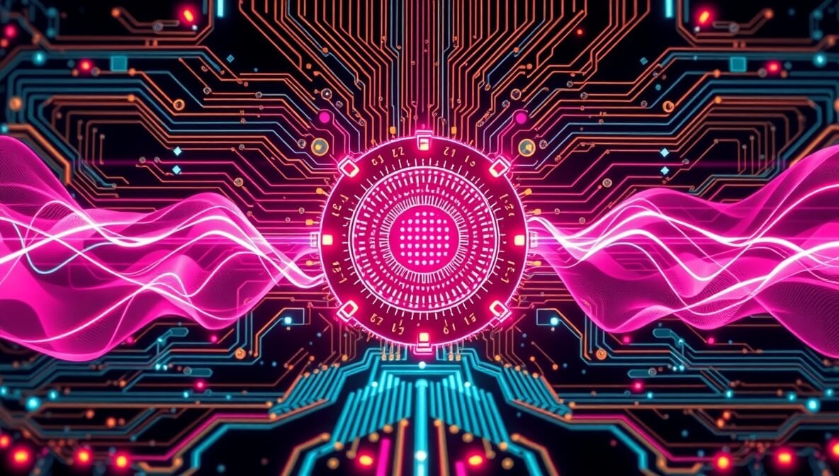 An abstract, futuristic digital representation of an AI core generating realistic sound waves and intricate audio patterns, symbolizing the best AI voice generators.