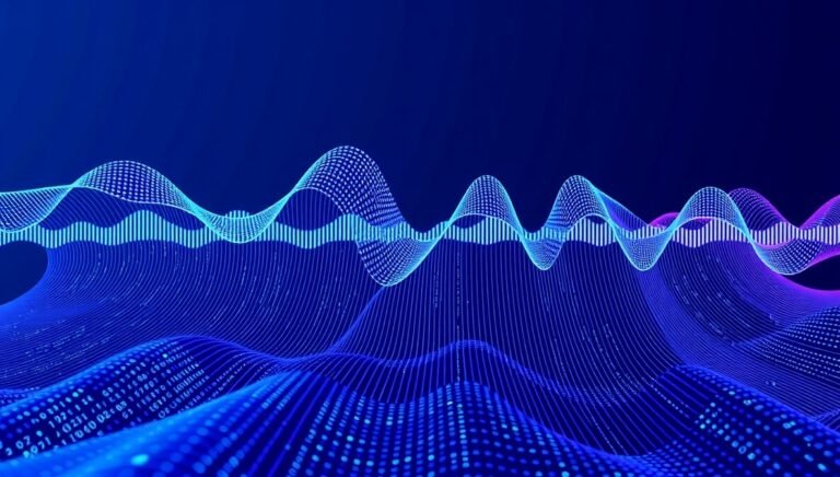 Abstract, futuristic digital art depicting glowing AI patterns transforming sound waves into synchronized data streams, symbolizing the efficiency of AI subtitle tools.