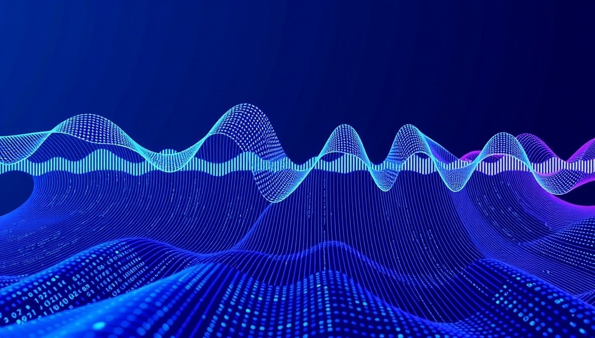 Abstract, futuristic digital art depicting glowing AI patterns transforming sound waves into synchronized data streams, symbolizing the efficiency of AI subtitle tools.