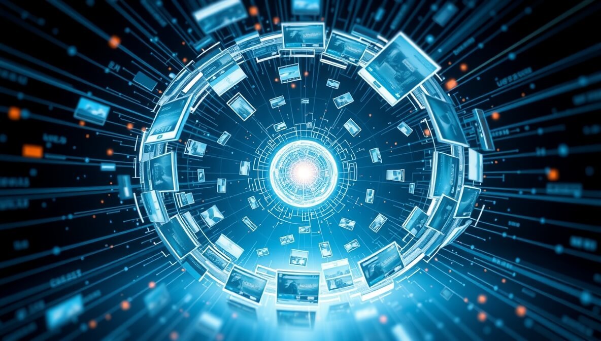 A dynamic, futuristic visualization of AI condensing scattered video data into a central, glowing core, representing the efficiency of the best AI video summarizers.