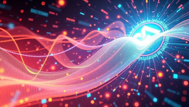 A futuristic abstract illustration of dynamic glowing sound waves emerging from an AI core, representing the power of the best AI music generators.