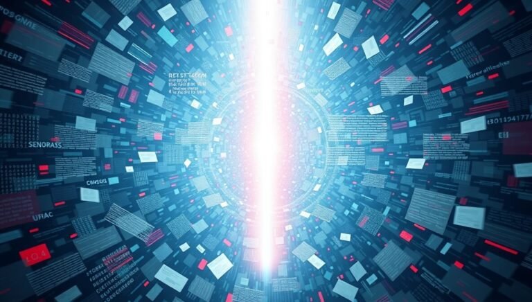 A futuristic, vibrant digital landscape showing a chaotic cascade of fragmented information being transformed into a focused beam of clear, condensed data by a sleek AI core, symbolizing the power of the best AI summarizers.