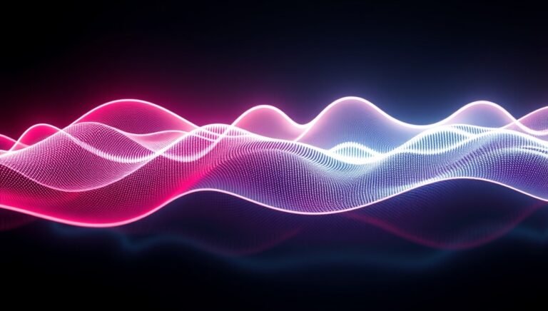 An abstract, futuristic depiction of raw, noisy sound waves being digitally transformed into perfectly clear audio by AI, symbolizing the power of **AI podcast editors**.