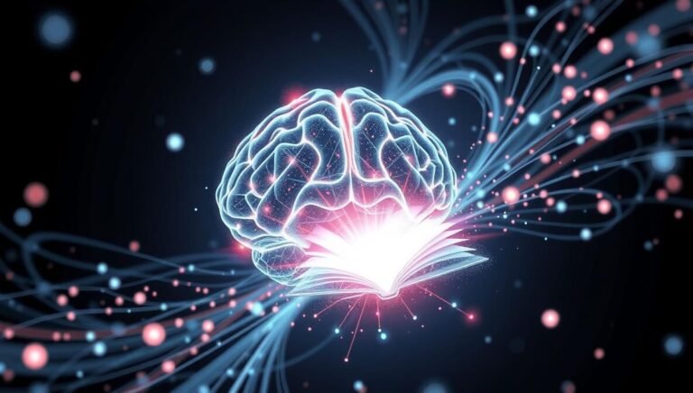 A futuristic, glowing abstract digital brain intertwined with luminous data streams and a subtle open book symbol, representing the best AI tutors making learning effortless.