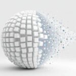 A 3D voxel sphere, composed of small cubes, dramatically fragmenting and dissolving on one side, representing the efficiency of AI tools to generate React components.