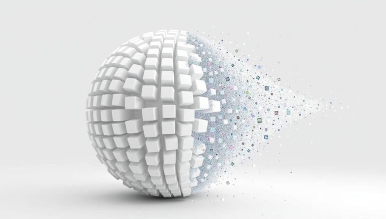 A 3D voxel sphere, composed of small cubes, dramatically fragmenting and dissolving on one side, representing the efficiency of AI tools to generate React components.