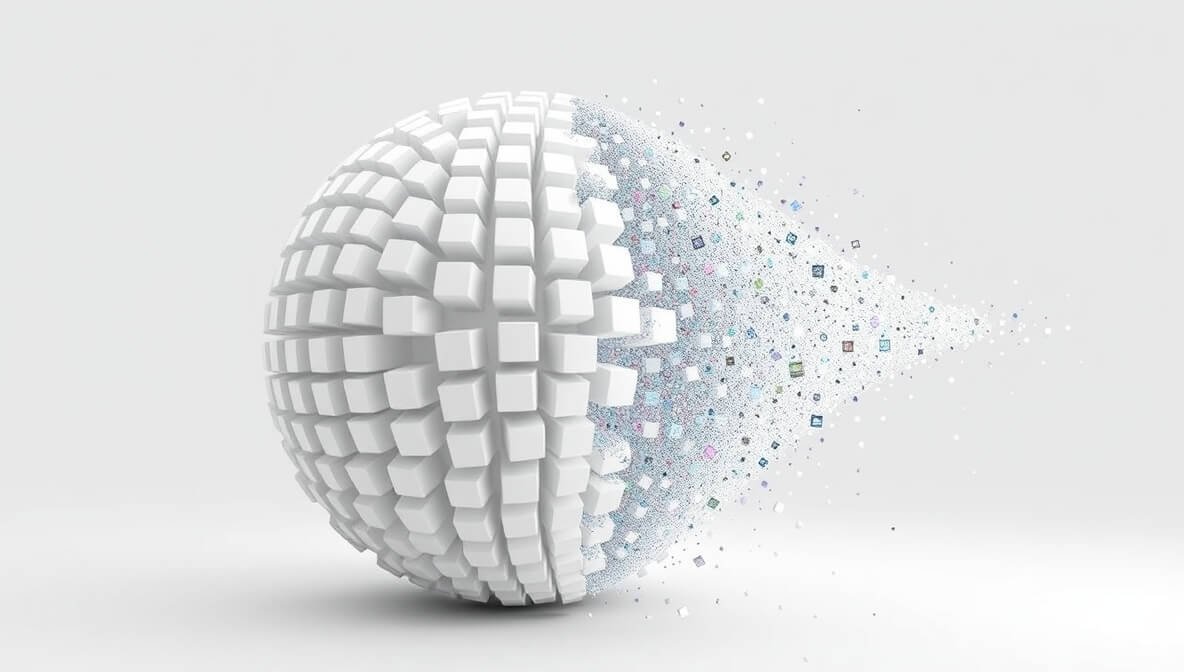 A 3D voxel sphere, composed of small cubes, dramatically fragmenting and dissolving on one side, representing the efficiency of AI tools to generate React components.