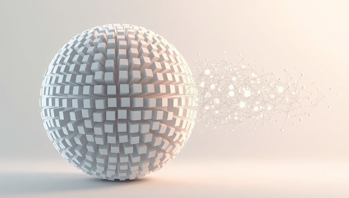 A 3D voxel sphere made of small cubes, fragmenting and dissolving on one side, visually representing the power of AI tools for SQL queries to transform and process data.