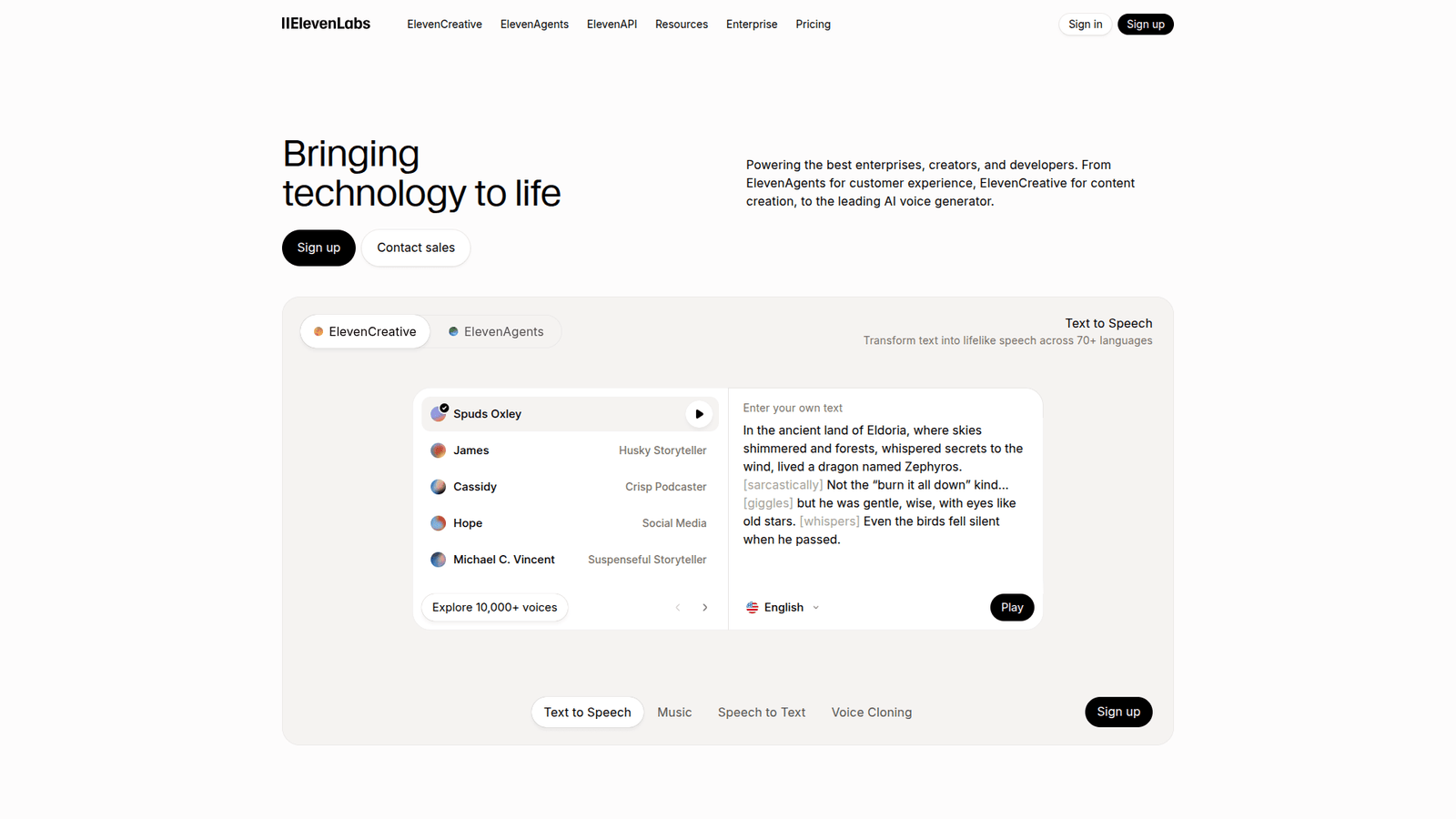 ElevenLabs as a Voice and Conversational tool screenshot