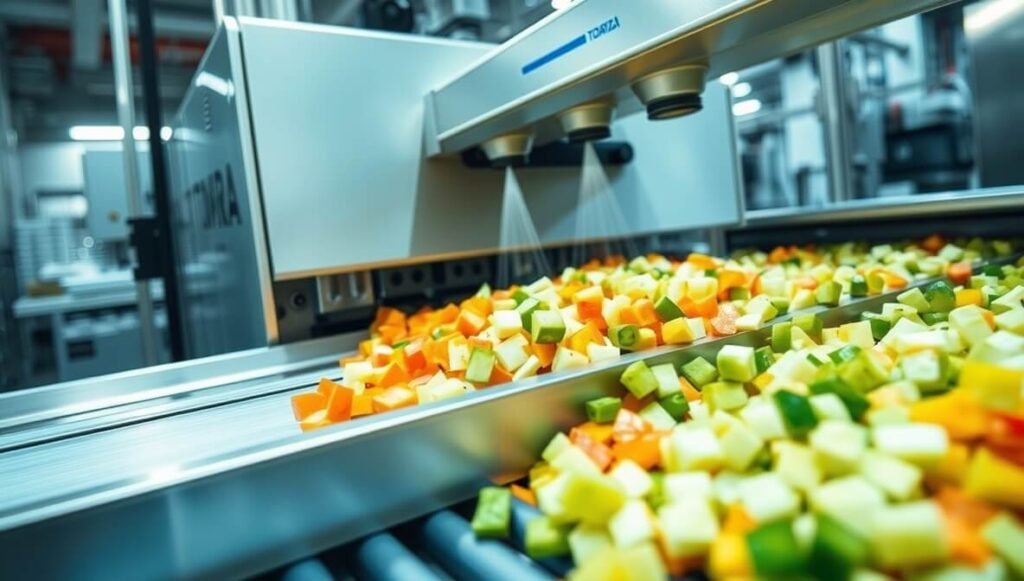 TOMRA Sorting uses AI and advanced sensors to accurately identify and remove defective or foreign materials from food products on a high-speed production line, ensuring quality and increasing yield in food manufacturing.