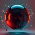 An AI dashboard builder symbolizing stress-free data visualization with a partially dissolving metallic sphere integrating scattered geometric data shards.