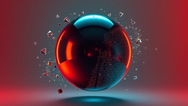 An AI dashboard builder symbolizing stress-free data visualization with a partially dissolving metallic sphere integrating scattered geometric data shards.