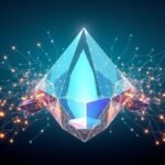 Abstract representation of AI data analysis tools simplifying complex data into clear insights, featuring a crystalline prism and glowing data streams on a gradient background.