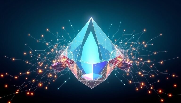 Abstract representation of AI data analysis tools simplifying complex data into clear insights, featuring a crystalline prism and glowing data streams on a gradient background.