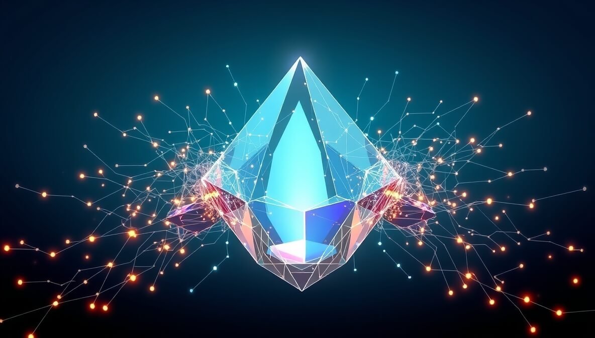 Abstract representation of AI data analysis tools simplifying complex data into clear insights, featuring a crystalline prism and glowing data streams on a gradient background.