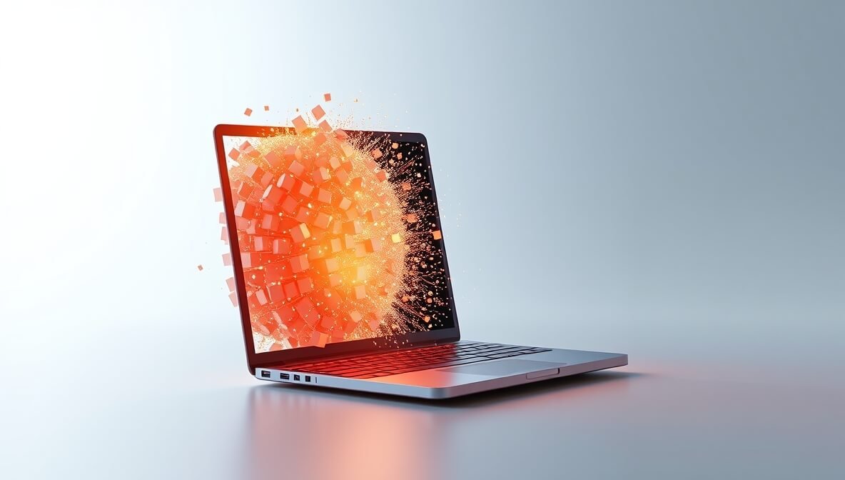 A photorealistic CGI image of a glowing 3D laptop, representing an application, fragmenting on one side into luminous particles. This visual metaphor conveys the simplification of development using **no-code AI tools** in a corporate editorial style.
