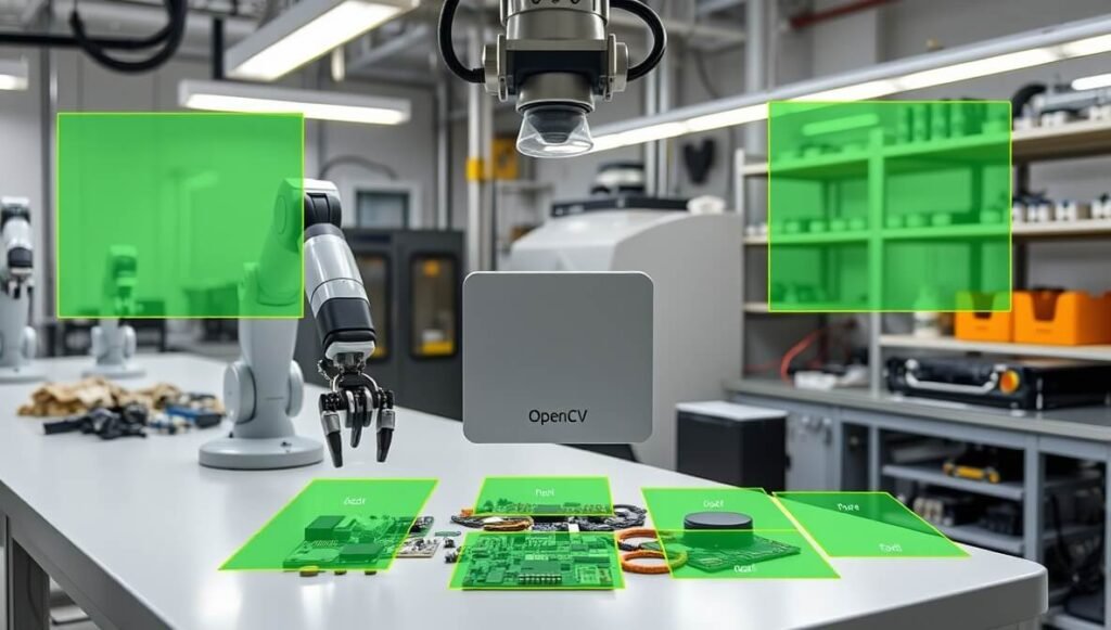 OpenCV provides a vast library of functions for computer vision and image processing, enabling AI systems to analyze visual data, detect objects, extract features, and guide real-world applications like robotic automation with high precision.