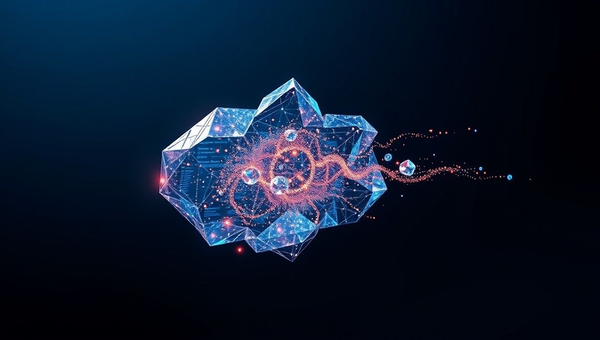 AI Excel tools symbolically represented by a self-assembling digital crystal forming a clear, efficient spreadsheet grid.