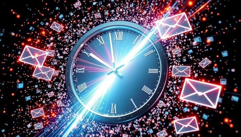 Shattering clock face symbolizing reclaimed time with abstract email envelopes representing AI email reply tools.