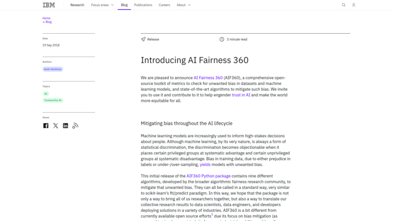 IBM AI Fairness 360 as an Ethics and Governance tool screenshot