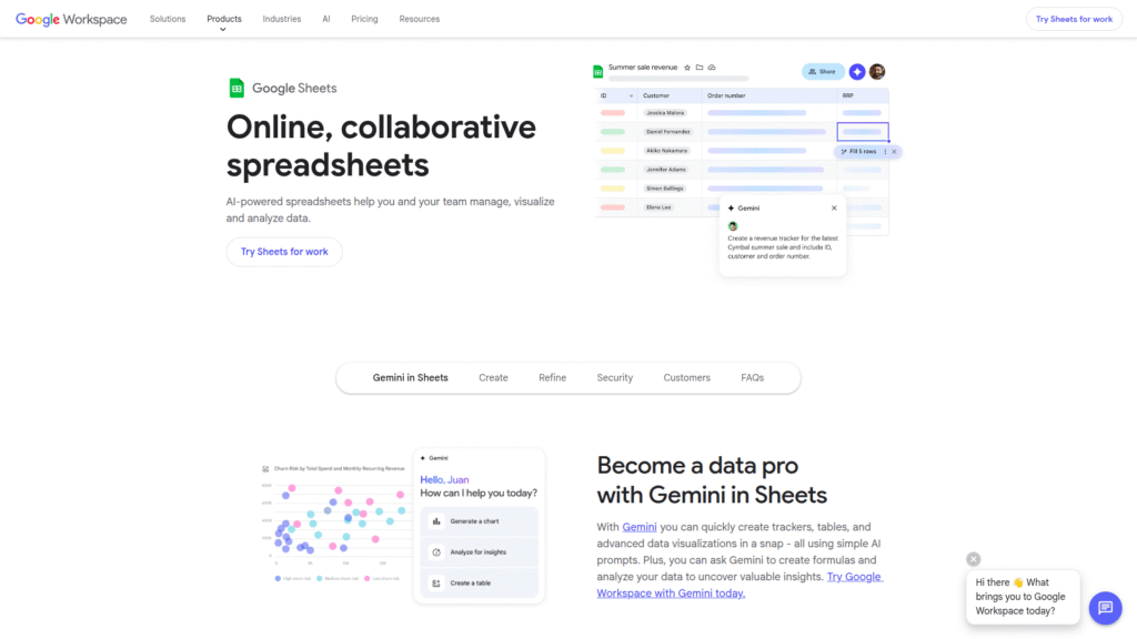 Google Sheets among AI Excel tools