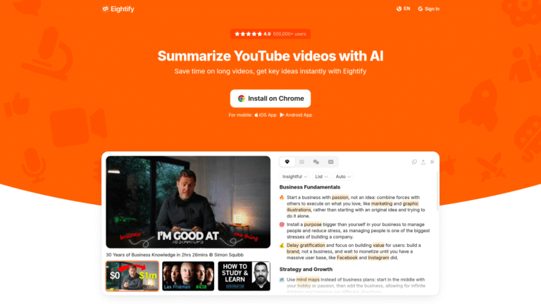 Eightify as a Video Summarization tool screenshot
