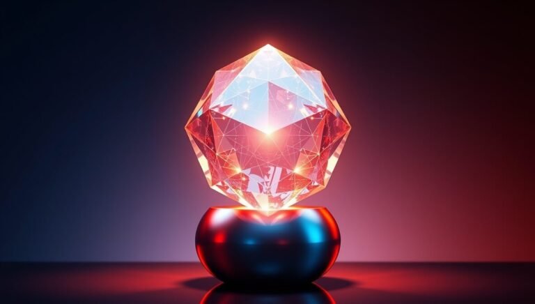 Abstract 3D render symbolizing AI email marketing tools boosting open rates and business growth with a glowing prism and ascending graph.