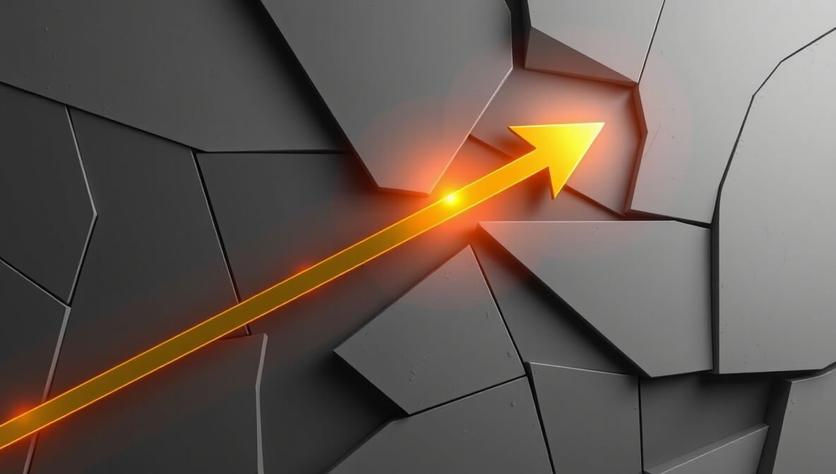 A golden arrow symbolizing AI ad copy generator success breaking through marketing barriers.