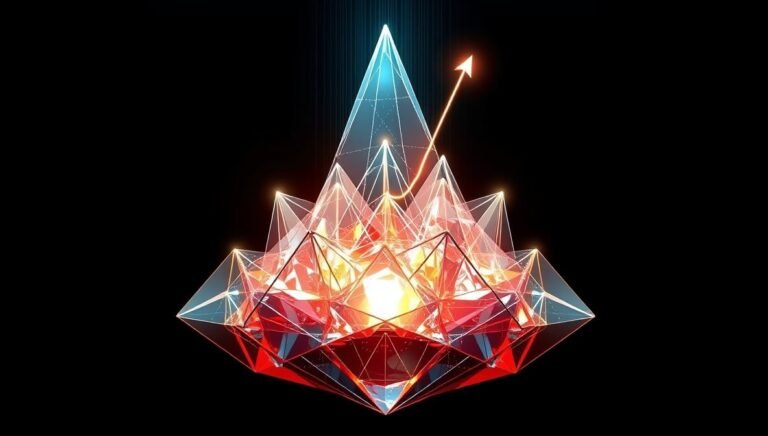 A glowing crystalline structure symbolizes powerful AI SEO tools optimizing content rankings.