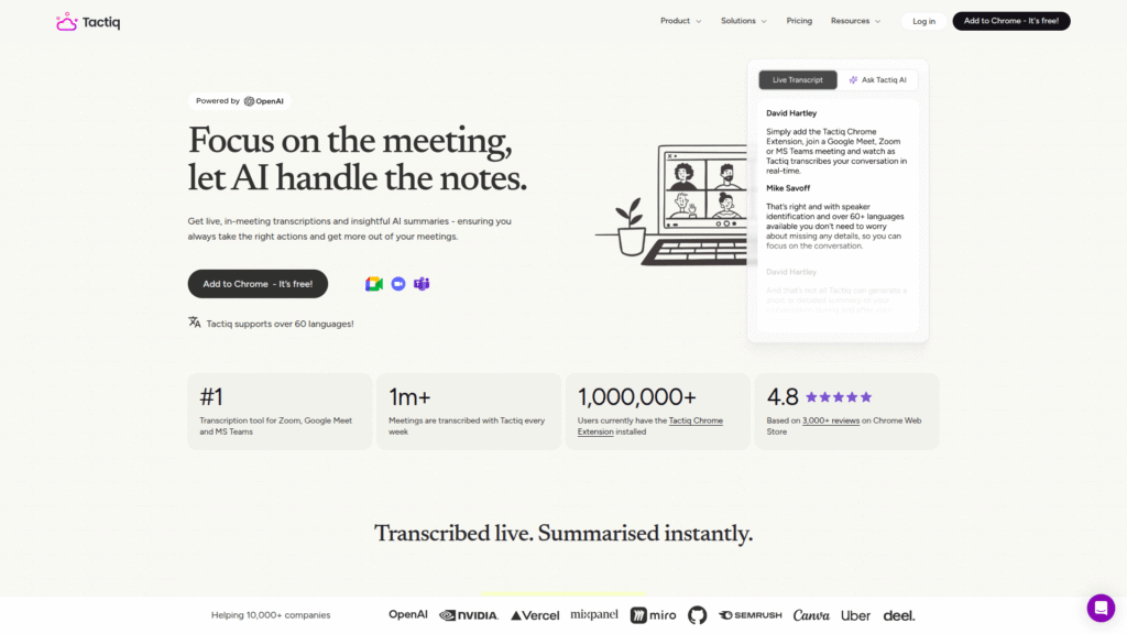 Tactiq among AI meeting summary tools