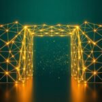 Golden geometric lattice forming a digital gateway, symbolizing AI landing page builders.