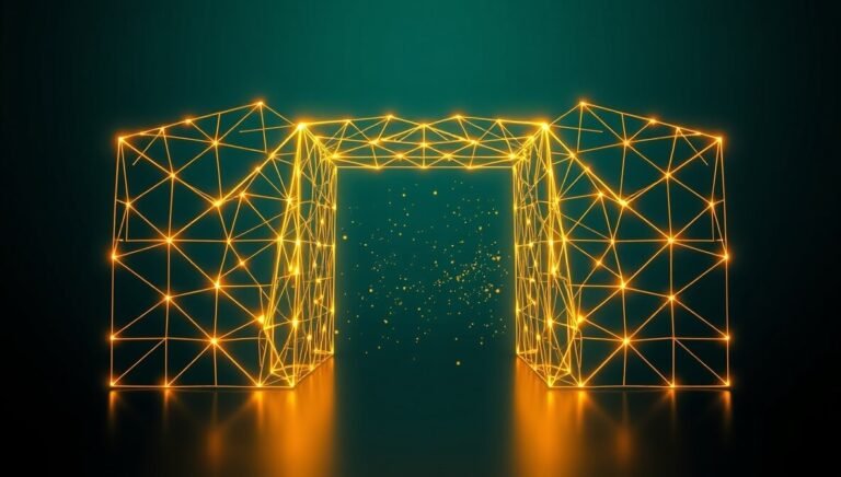 Golden geometric lattice forming a digital gateway, symbolizing AI landing page builders.