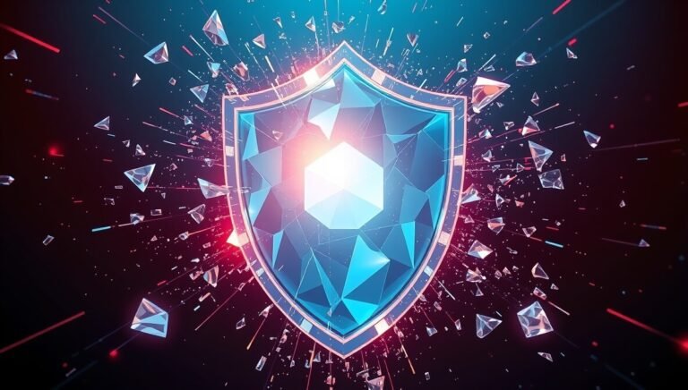 Abstract 3D illustration of a digital shield symbolizing powerful spam detection tools, with contrasting colors and light effects.