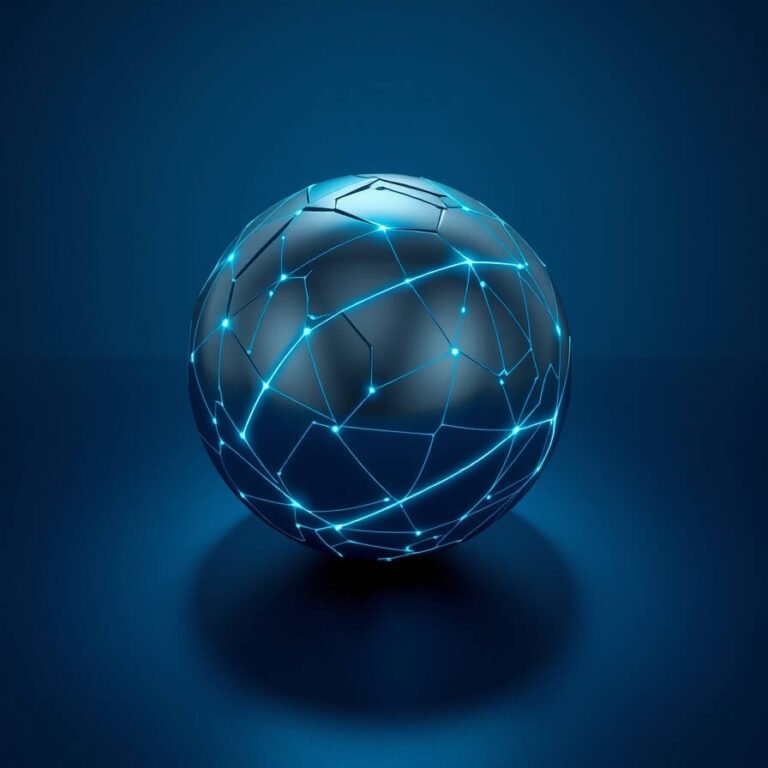 Abstract 3D render of fragmented metallic sphere with glowing cyan neural pathways, representing powerful facial recognition software.