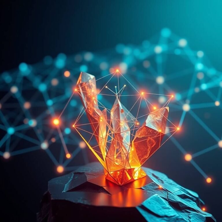 Abstract 3D render symbolizing AI fraud detection tools building trust from fragmented data streams with glowing nodes and crystalline structures.