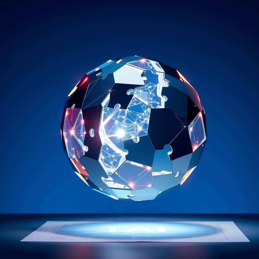 Conceptual image of AI tax software simplifying financial calculations with metallic orb assembling geometric tax form elements.